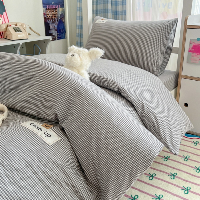 91家纺网 家纺一手货源 找家纺 佳笠家居 2025新款kimi熊系列A类宿舍全棉纯棉色织水洗棉被套单被套被套单件 灰小格