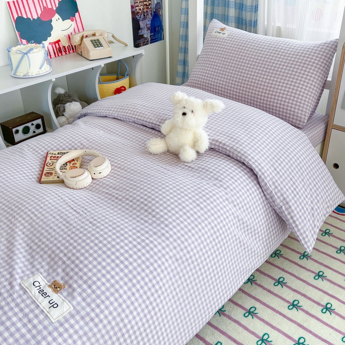 91家纺网 家纺一手货源 找家纺 佳笠家居 2025新款kimi熊系列A类宿舍全棉纯棉色织水洗棉被套单被套被套单件 香芋紫格