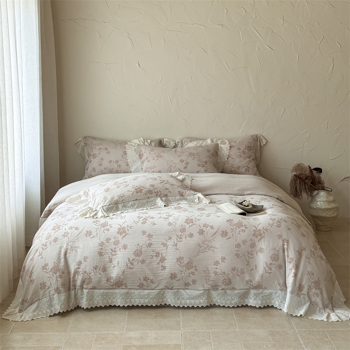 绒棉世家 2025新款20%亚麻80%棉棉麻提花四件套 花韵-粉