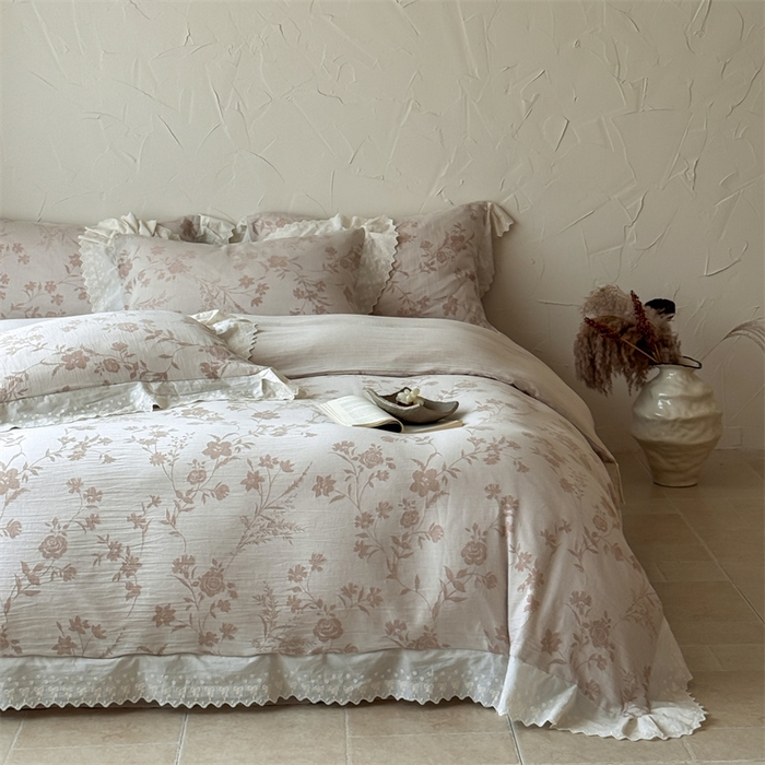 91家纺网 家纺一手货源 找家纺 绒棉世家 2025新款20%亚麻80%棉棉麻提花四件套 花韵-粉