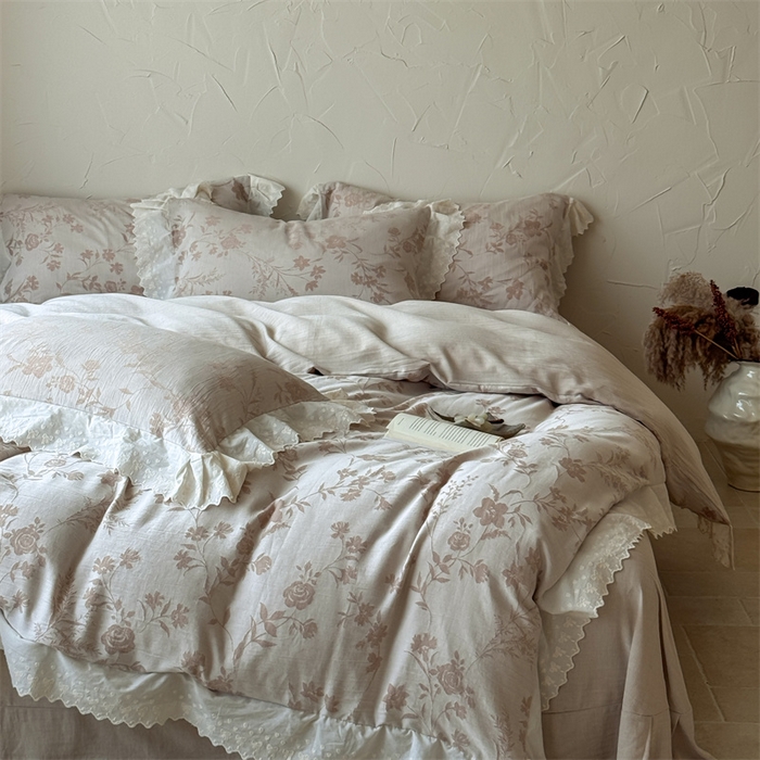 91家纺网 家纺一手货源 找家纺 绒棉世家 2025新款20%亚麻80%棉棉麻提花四件套 花韵-粉