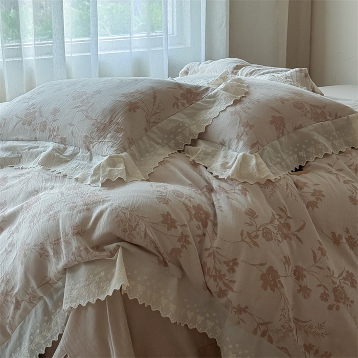 91家纺网 家纺一手货源 找家纺 绒棉世家 2025新款20%亚麻80%棉棉麻提花四件套 花韵-粉