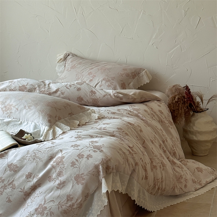 91家纺网 家纺一手货源 找家纺 绒棉世家 2025新款20%亚麻80%棉棉麻提花四件套 花韵-粉