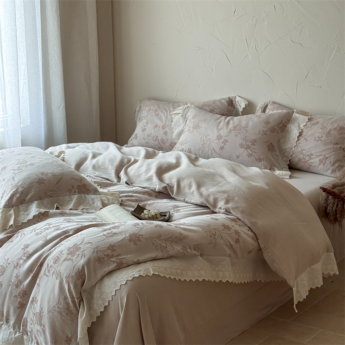 91家纺网 家纺一手货源 找家纺 绒棉世家 2025新款20%亚麻80%棉棉麻提花四件套 花韵-粉