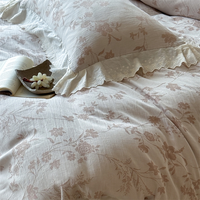 91家纺网 家纺一手货源 找家纺 绒棉世家 2025新款20%亚麻80%棉棉麻提花四件套 花韵-粉