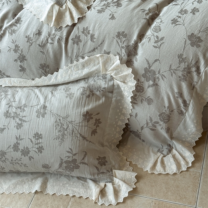 91家纺网 家纺一手货源 找家纺 绒棉世家 2025新款20%亚麻80%棉棉麻提花四件套 花韵-灰