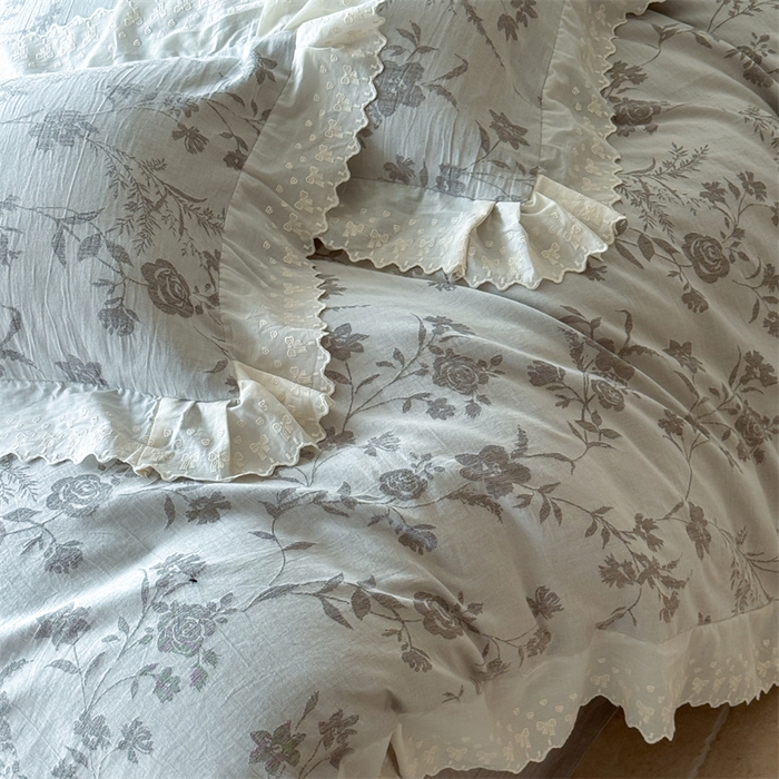 91家纺网 家纺一手货源 找家纺 绒棉世家 2025新款20%亚麻80%棉棉麻提花四件套 花韵-灰