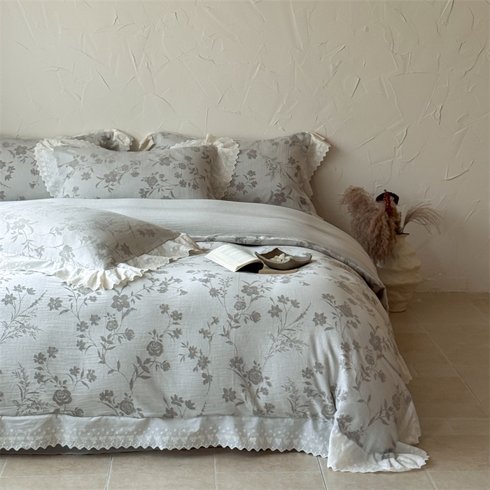 91家纺网 家纺一手货源 找家纺 绒棉世家 2025新款20%亚麻80%棉棉麻提花四件套 花韵-灰