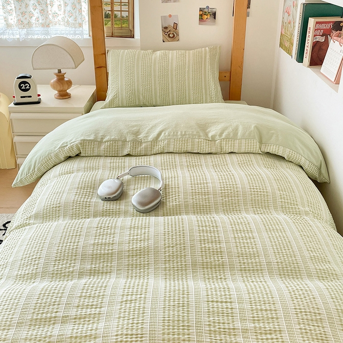 91家纺网 家纺一手货源 找家纺 卡普家居 2025新款阳离子公主格学生三件套 阳离子公主格抹茶绿