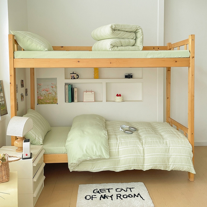 91家纺网 家纺一手货源 找家纺 卡普家居 2025新款阳离子公主格学生三件套 阳离子公主格抹茶绿