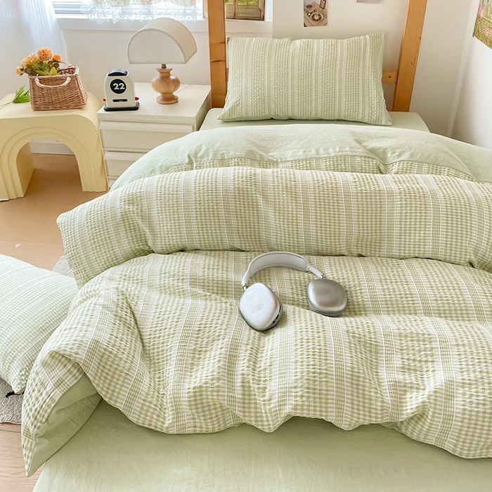 91家纺网 家纺一手货源 找家纺 卡普家居 2025新款阳离子公主格学生三件套 阳离子公主格抹茶绿