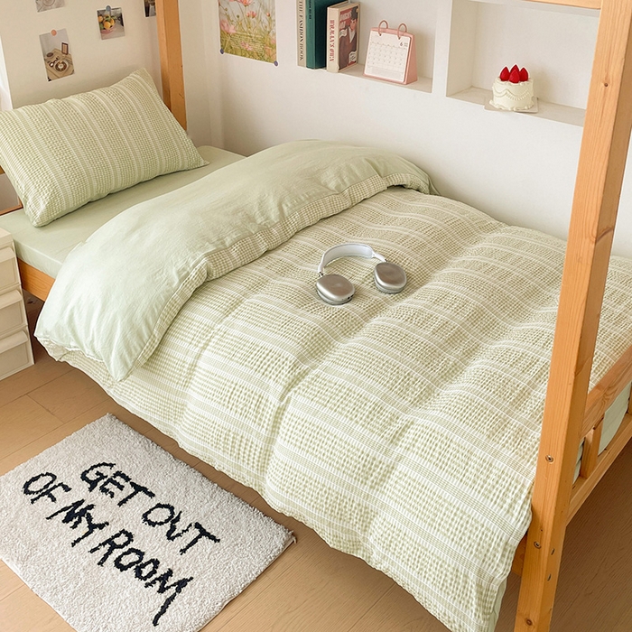 91家纺网 家纺一手货源 找家纺 卡普家居 2025新款阳离子公主格学生三件套 阳离子公主格抹茶绿