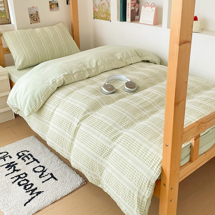 91家纺网 家纺一手货源 找家纺 卡普家居 2025新款阳离子公主格学生三件套 阳离子公主格抹茶绿