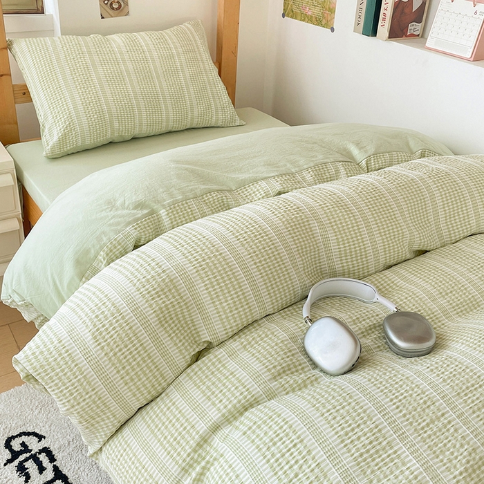 91家纺网 家纺一手货源 找家纺 卡普家居 2025新款阳离子公主格学生三件套 阳离子公主格抹茶绿