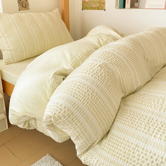 91家纺网 家纺一手货源 找家纺 卡普家居 2025新款阳离子公主格学生三件套 阳离子公主格柚子黄