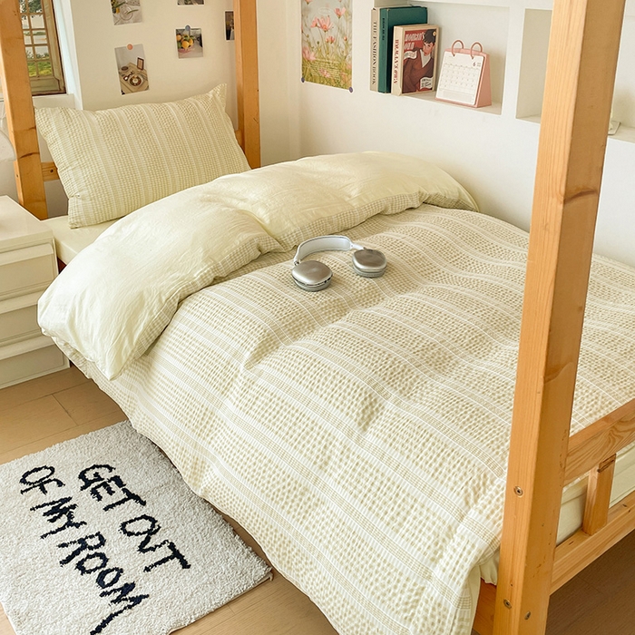 91家纺网 家纺一手货源 找家纺 卡普家居 2025新款阳离子公主格学生三件套 阳离子公主格柚子黄