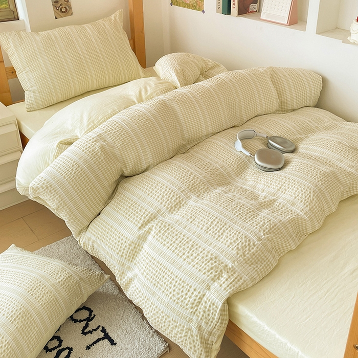 91家纺网 家纺一手货源 找家纺 卡普家居 2025新款阳离子公主格学生三件套 阳离子公主格柚子黄