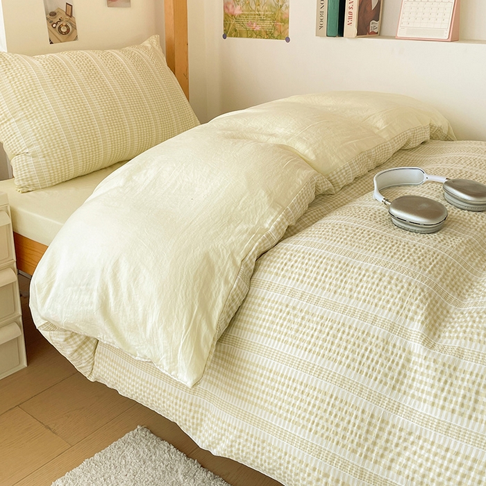 91家纺网 家纺一手货源 找家纺 卡普家居 2025新款阳离子公主格学生三件套 阳离子公主格柚子黄