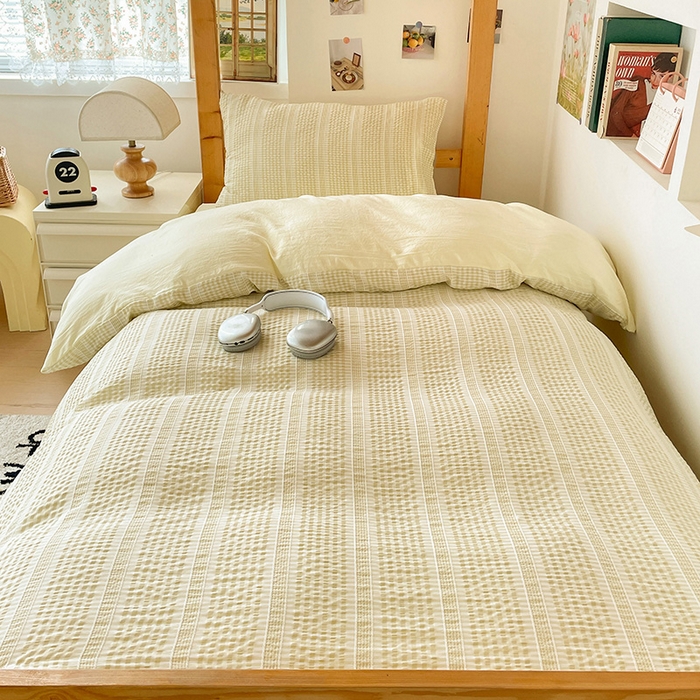 91家纺网 家纺一手货源 找家纺 卡普家居 2025新款阳离子公主格学生三件套 阳离子公主格柚子黄