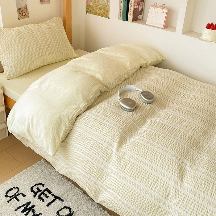 91家纺网 家纺一手货源 找家纺 卡普家居 2025新款阳离子公主格学生三件套 阳离子公主格柚子黄