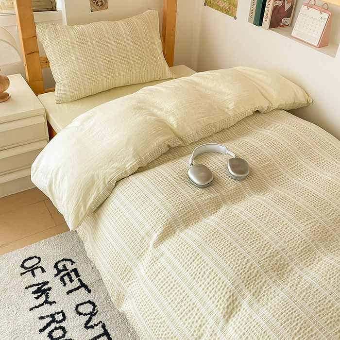 91家纺网 家纺一手货源 找家纺 卡普家居 2025新款阳离子公主格学生三件套 阳离子公主格柚子黄