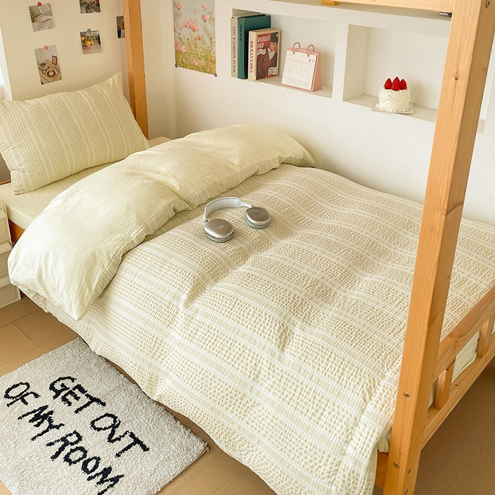 91家纺网 家纺一手货源 找家纺 卡普家居 2025新款阳离子公主格学生三件套 阳离子公主格柚子黄