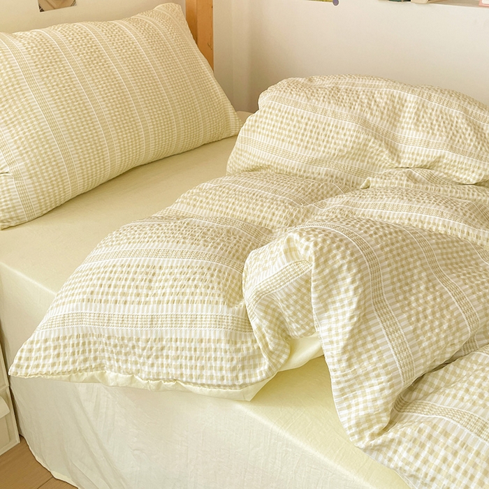 91家纺网 家纺一手货源 找家纺 卡普家居 2025新款阳离子公主格学生三件套 阳离子公主格柚子黄