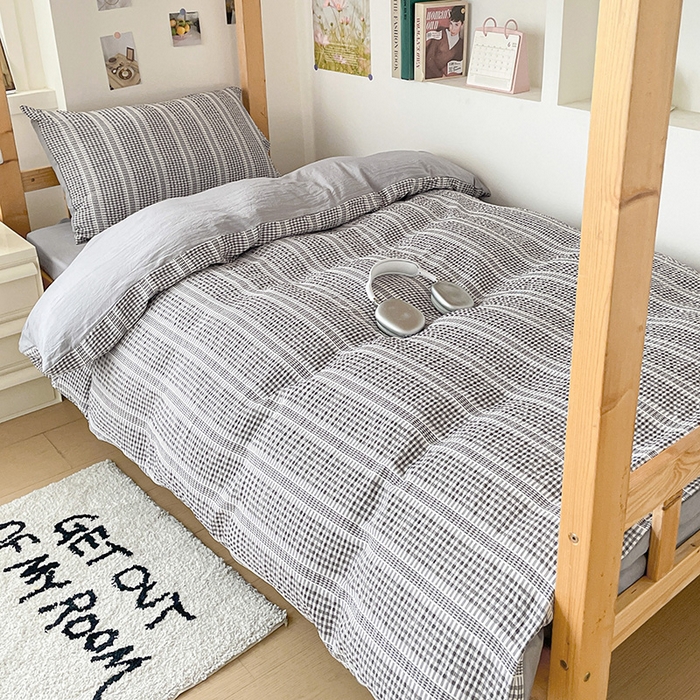 91家纺网 家纺一手货源 找家纺 卡普家居 2025新款阳离子公主格学生三件套 阳离子公主格月光灰