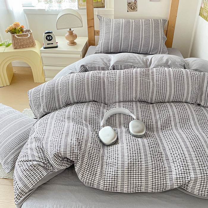 91家纺网 家纺一手货源 找家纺 卡普家居 2025新款阳离子公主格学生三件套 阳离子公主格月光灰