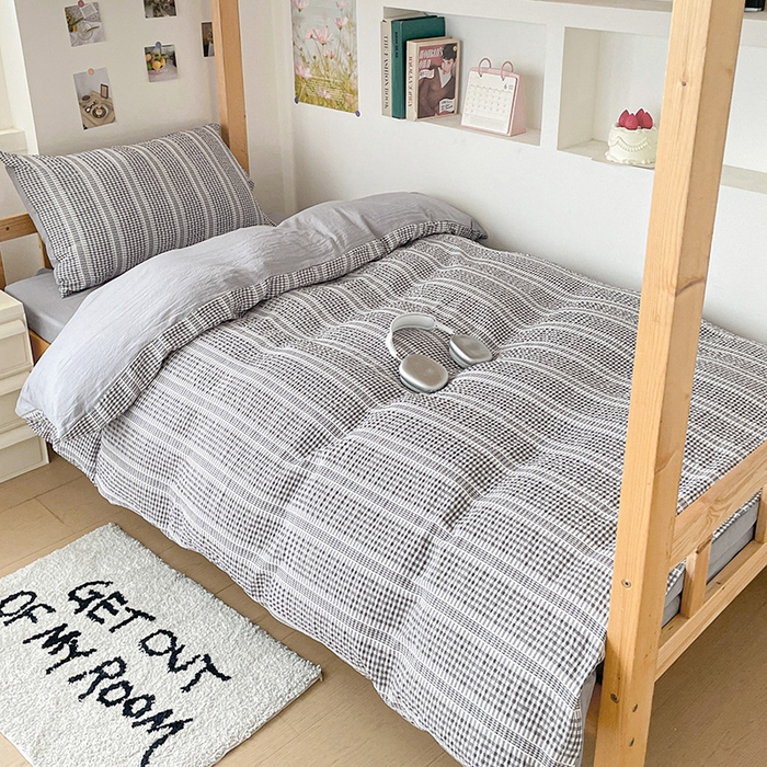 91家纺网 家纺一手货源 找家纺 卡普家居 2025新款阳离子公主格学生三件套 阳离子公主格月光灰