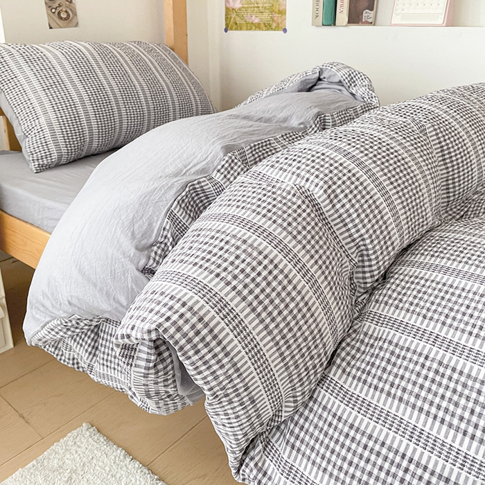 91家纺网 家纺一手货源 找家纺 卡普家居 2025新款阳离子公主格学生三件套 阳离子公主格月光灰