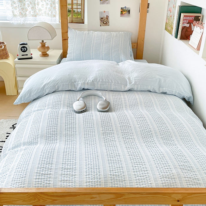 91家纺网 家纺一手货源 找家纺 卡普家居 2025新款阳离子公主格学生三件套 阳离子公主格云朵蓝