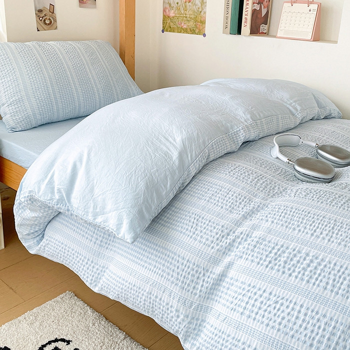 91家纺网 家纺一手货源 找家纺 卡普家居 2025新款阳离子公主格学生三件套 阳离子公主格云朵蓝