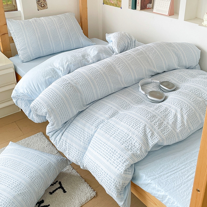 91家纺网 家纺一手货源 找家纺 卡普家居 2025新款阳离子公主格学生三件套 阳离子公主格云朵蓝