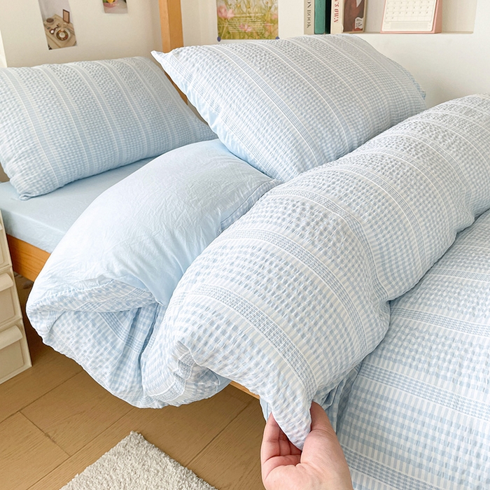 91家纺网 家纺一手货源 找家纺 卡普家居 2025新款阳离子公主格学生三件套 阳离子公主格云朵蓝