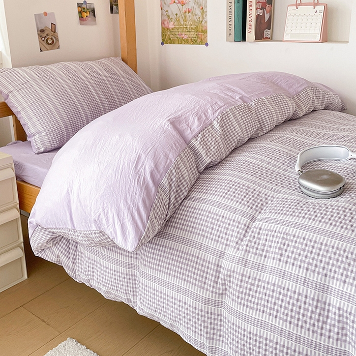 91家纺网 家纺一手货源 找家纺 卡普家居 2025新款阳离子公主格学生三件套 阳离子公主格紫罗兰