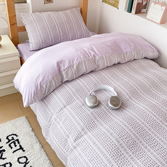 91家纺网 家纺一手货源 找家纺 卡普家居 2025新款阳离子公主格学生三件套 阳离子公主格紫罗兰