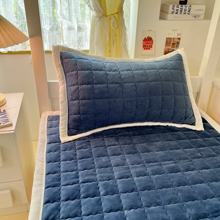 91家纺网 家纺一手货源 找家纺 川悦生活2025 新款A类印花牛奶绒床垫加厚绒保暖床护垫 吉木-深蓝