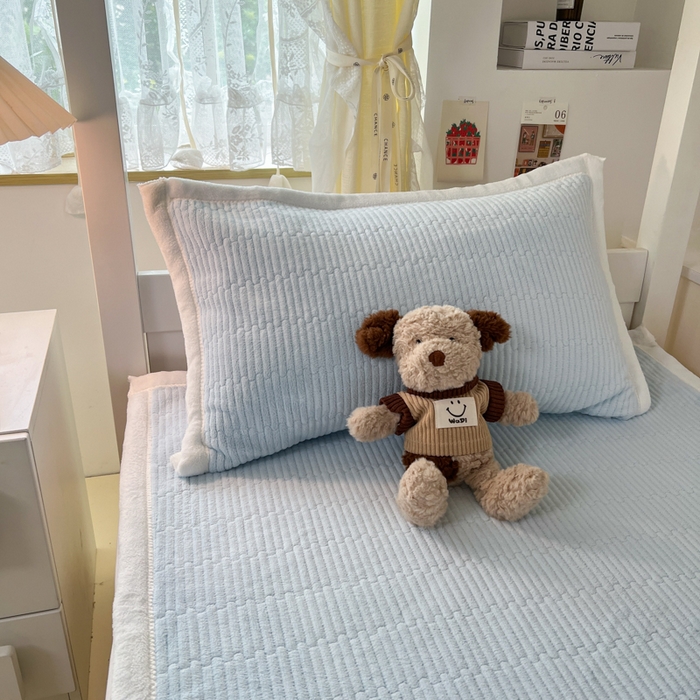 91家纺网 家纺一手货源 找家纺 川悦生活2025 新款A类印花牛奶绒床垫加厚绒保暖床护垫 晴空-青色