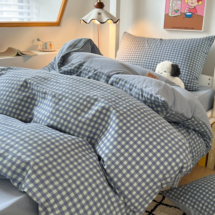 91家纺网 家纺一手货源 找家纺 妖妖家纺2025云感双层纱学生三件套 海盐格