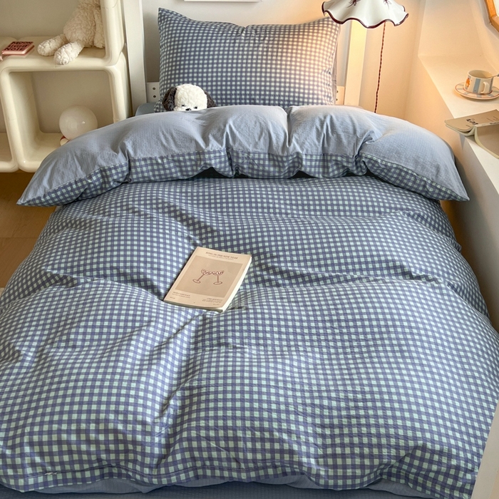 91家纺网 家纺一手货源 找家纺 妖妖家纺2025云感双层纱学生三件套 海盐格