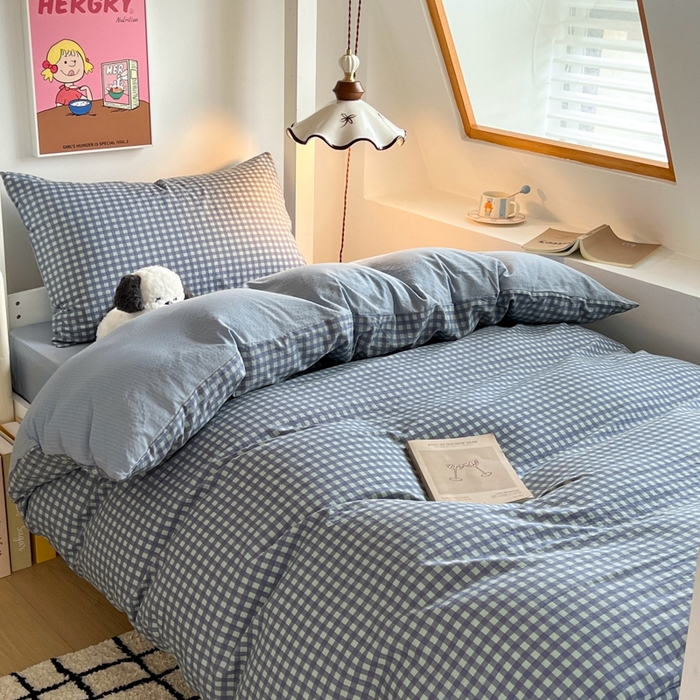 91家纺网 家纺一手货源 找家纺 妖妖家纺2025云感双层纱学生三件套 海盐格