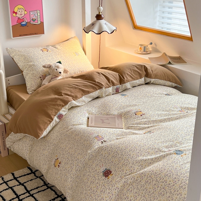 91家纺网 家纺一手货源 找家纺 妖妖家纺2025云感双层纱学生三件套 花点兔