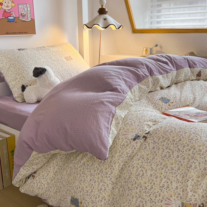 91家纺网 家纺一手货源 找家纺 妖妖家纺2025云感双层纱学生三件套 花语兔