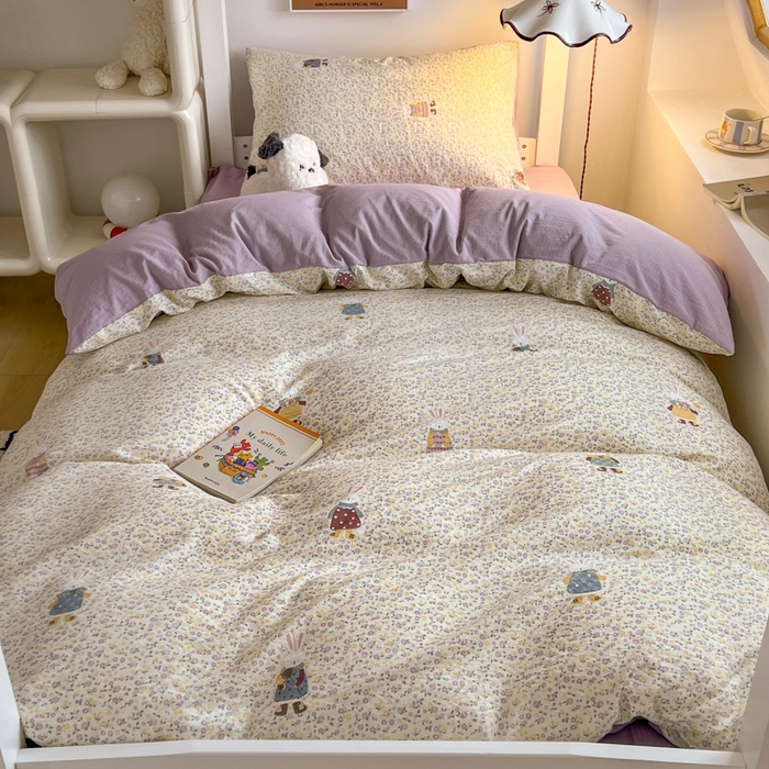 91家纺网 家纺一手货源 找家纺 妖妖家纺2025云感双层纱学生三件套 花语兔