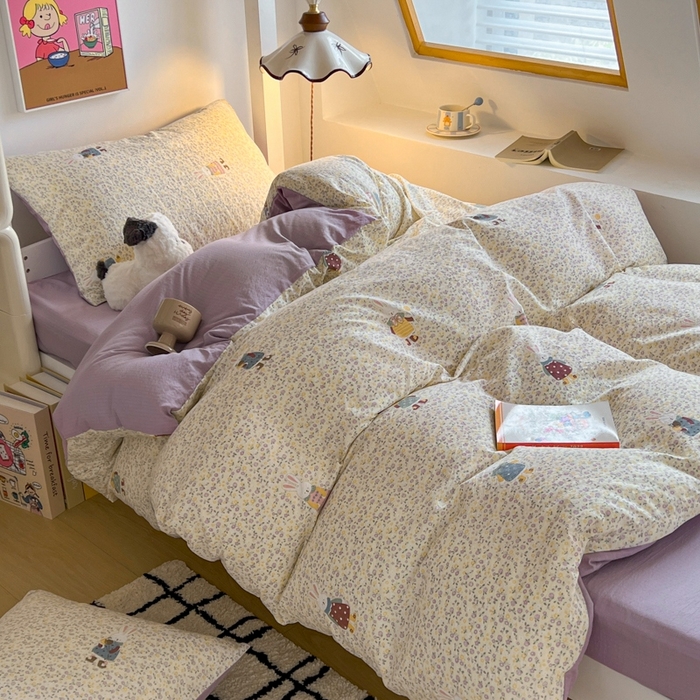 91家纺网 家纺一手货源 找家纺 妖妖家纺2025云感双层纱学生三件套 花语兔