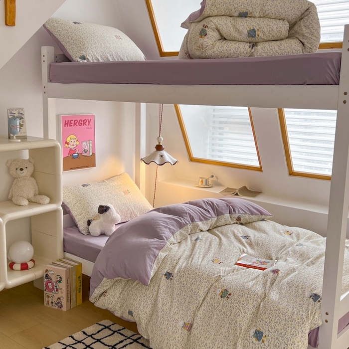 91家纺网 家纺一手货源 找家纺 妖妖家纺2025云感双层纱学生三件套 花语兔