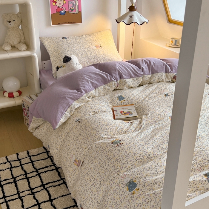 91家纺网 家纺一手货源 找家纺 妖妖家纺2025云感双层纱学生三件套 花语兔