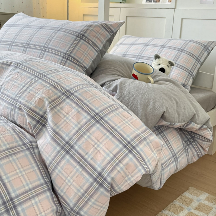 91家纺网 家纺一手货源 找家纺 ab家纺  2025新款40支A类水洗棉学生三件套 春野粉蓝