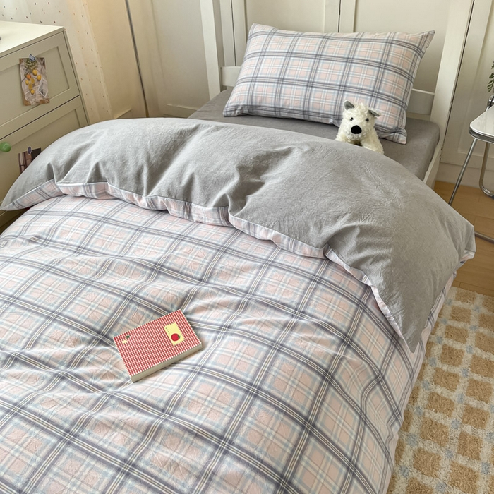 91家纺网 家纺一手货源 找家纺 ab家纺  2025新款40支A类水洗棉学生三件套 春野粉蓝